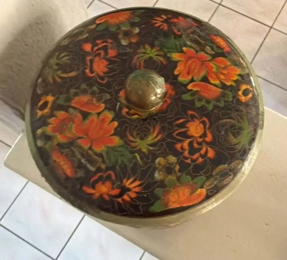 Vintage Daher England Floral Tin Canister Cloisonne Flowers 5 Inch